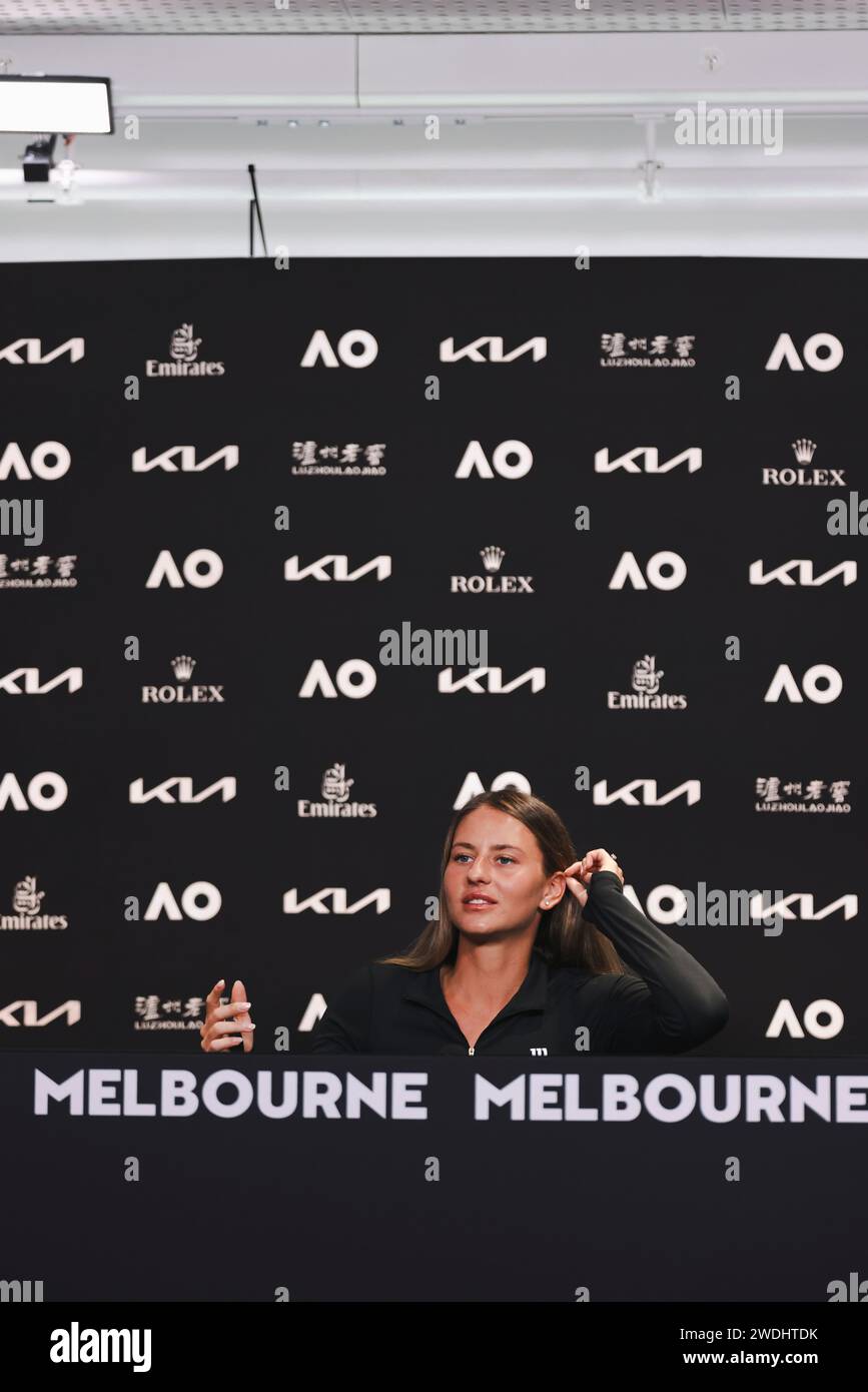 Melbourne, Australien, 21. Januar 2024. Die ukrainische Tennisspielerin Marta Kostyuk spricht während einer Pressekonferenz beim Australian Open Tennis Grand Slam 2024 im Melbourne Park. Foto: Frank Molter/Alamy Live News Stockfoto