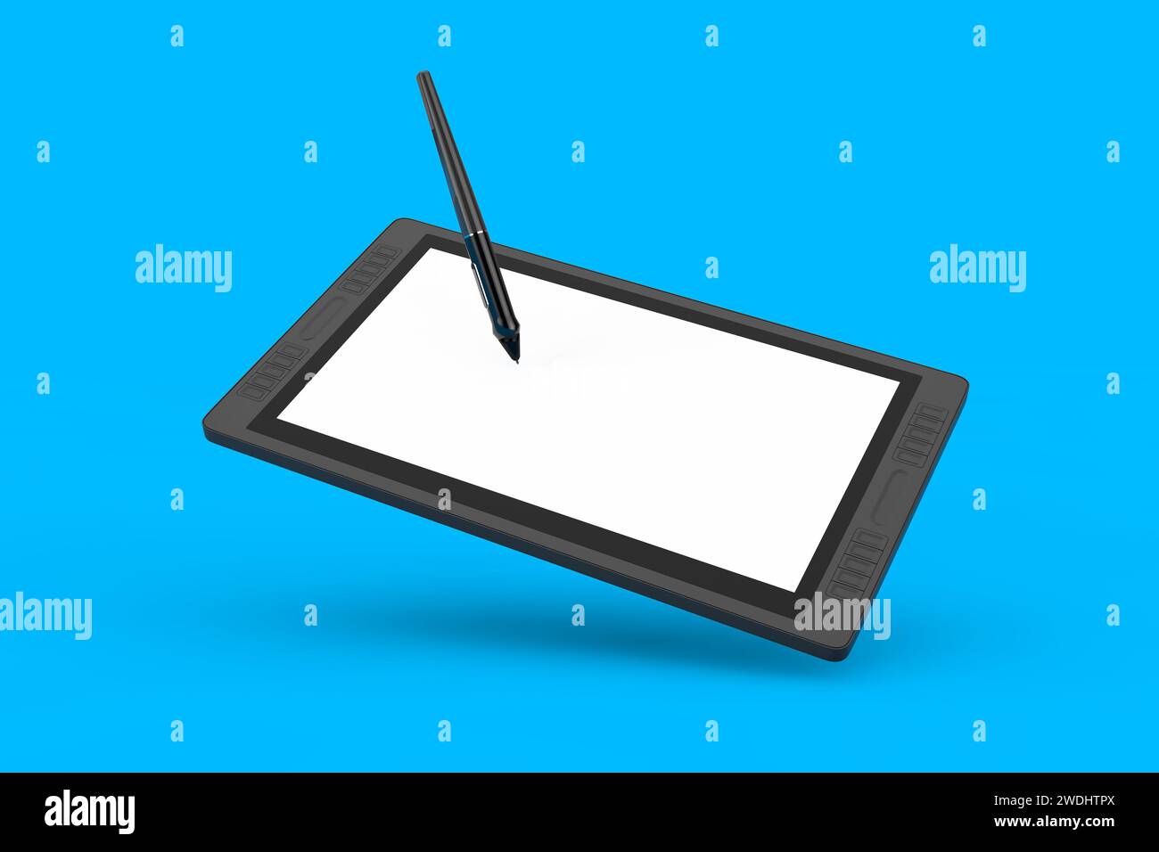 Großer Tablet-Monitor mit digitaler Grafik und Zeichenstift und leerem Bildschirm für Ihr Design auf blauem Hintergrund. 3D-Rendering Stockfoto