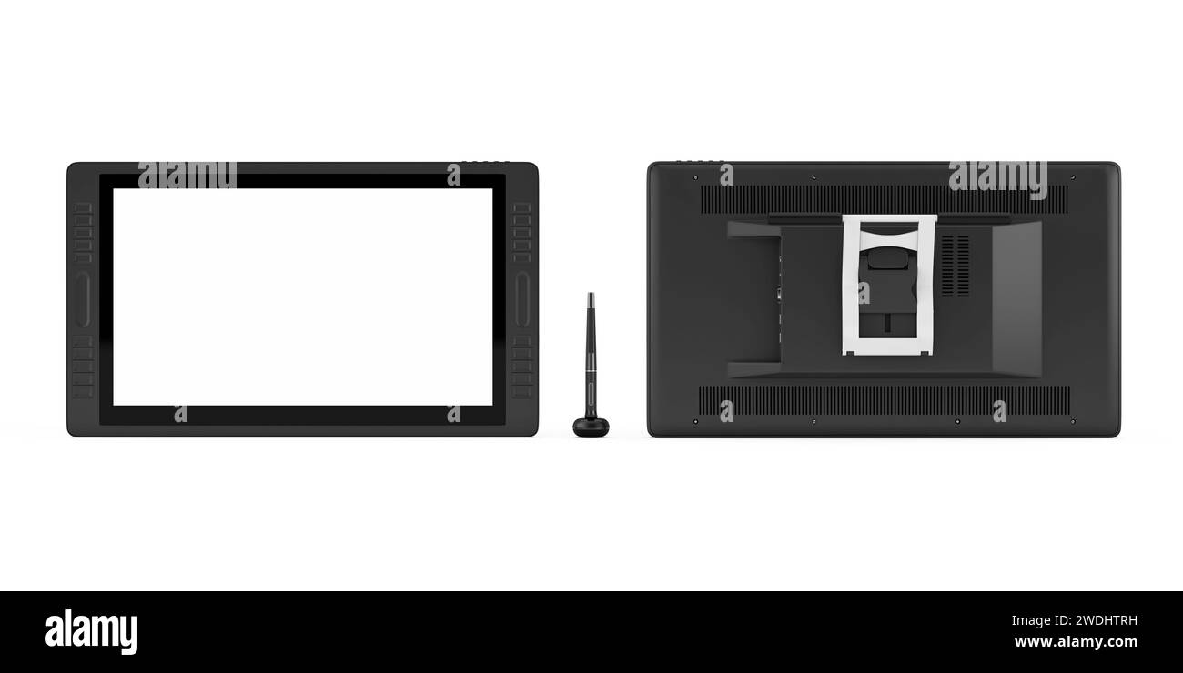 Großer Tablet-Monitor mit digitaler Grafik und Zeichenstift und leerem Bildschirm für Ihr Design auf weißem Hintergrund. 3D-Rendering Stockfoto