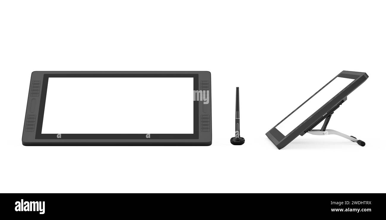 Großer Tablet-Monitor mit digitaler Grafik und Zeichenstift und leerem Bildschirm für Ihr Design auf weißem Hintergrund. 3D-Rendering Stockfoto