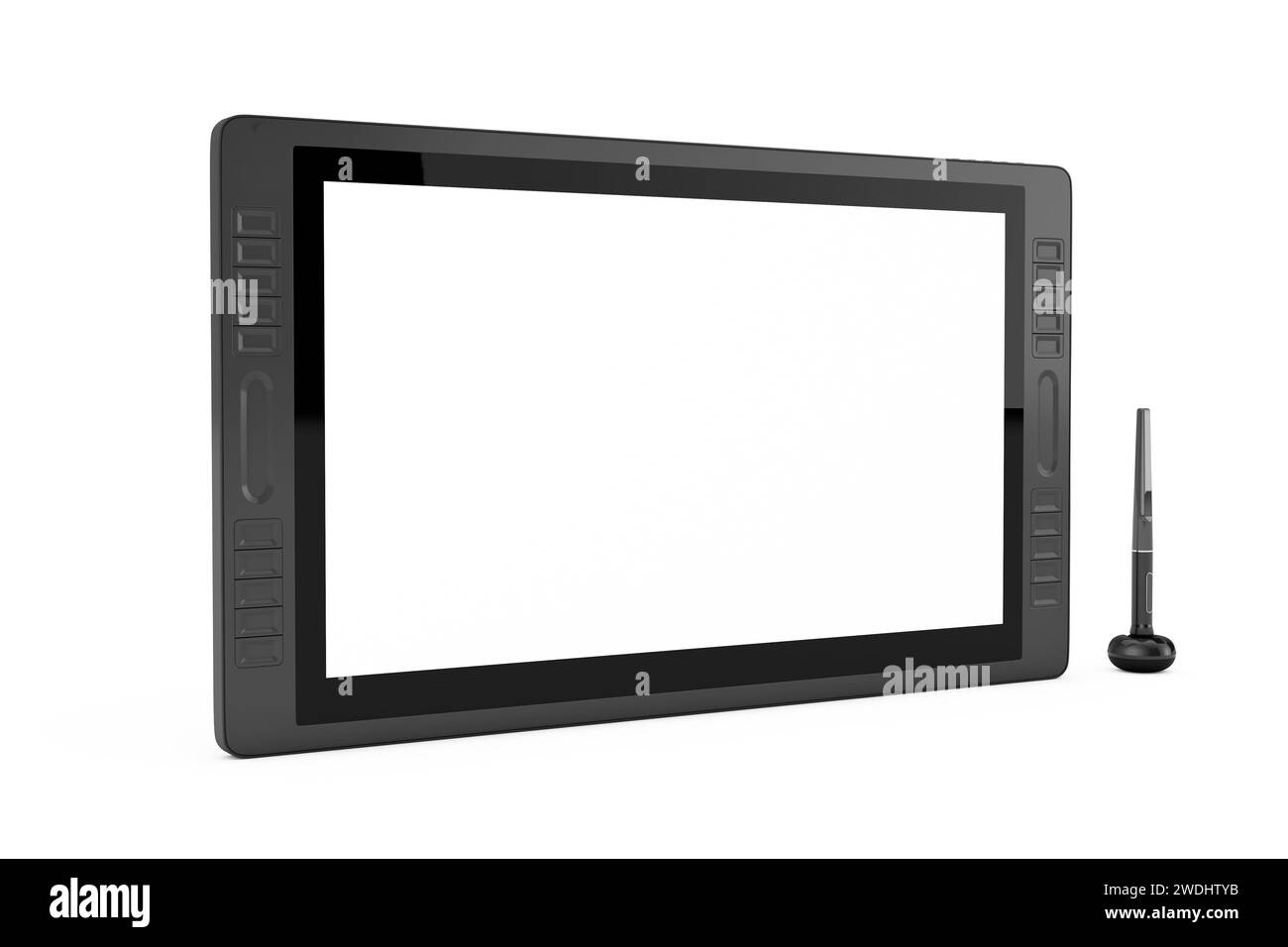 Großer Tablet-Monitor mit digitaler Grafik und Zeichenstift und leerem Bildschirm für Ihr Design auf weißem Hintergrund. 3D-Rendering Stockfoto