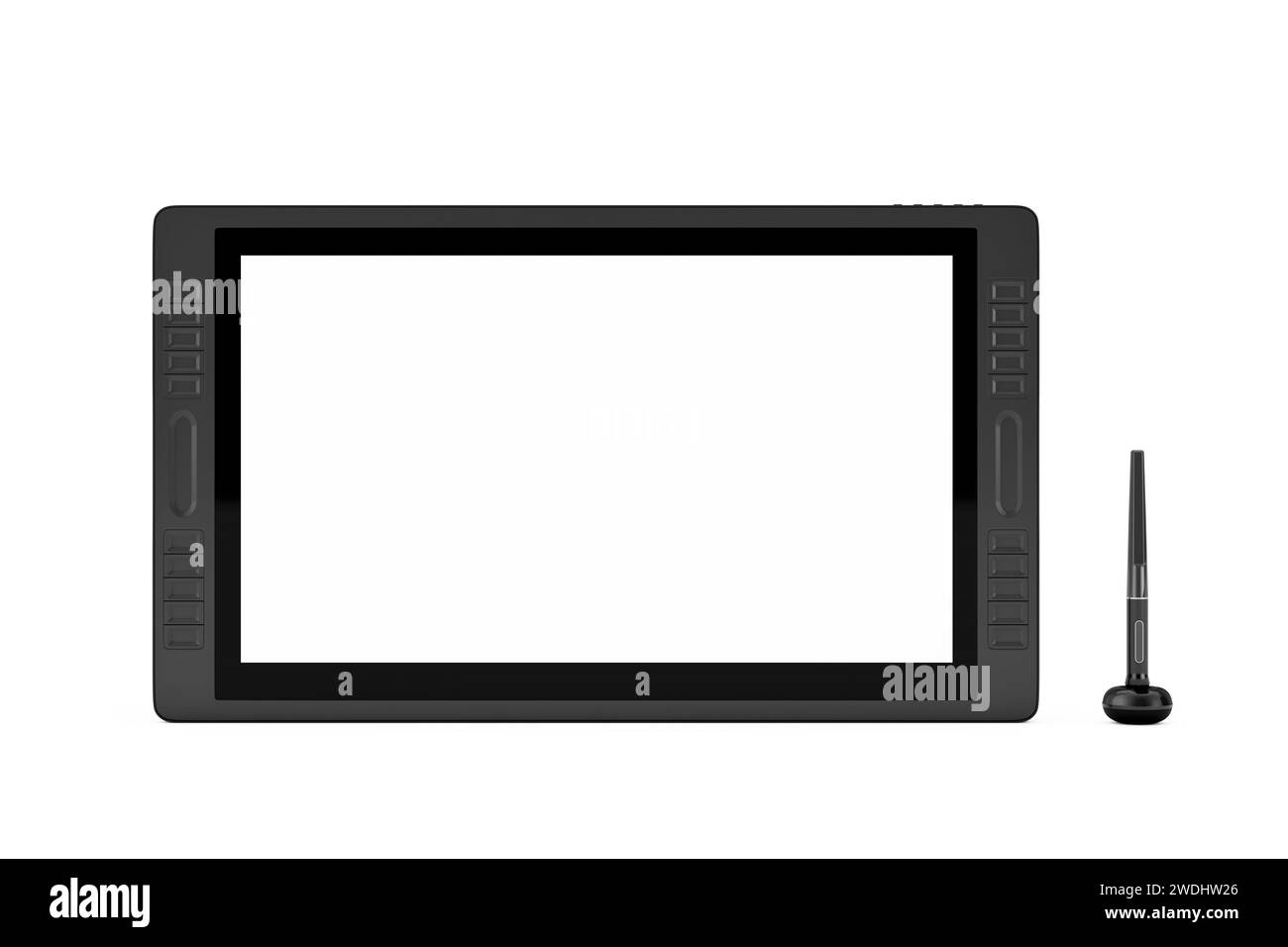 Großer Tablet-Monitor mit digitaler Grafik und Zeichenstift und leerem Bildschirm für Ihr Design auf weißem Hintergrund. 3D-Rendering Stockfoto