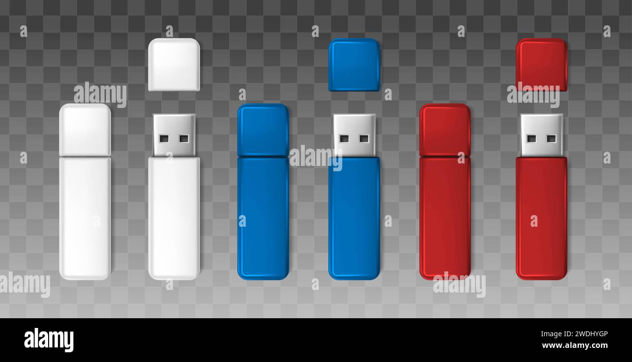 Symbolsatz für realistische Vektoren. Weißes, blaues und rotes usb-Flash-Laufwerk, Modell. Stock Vektor