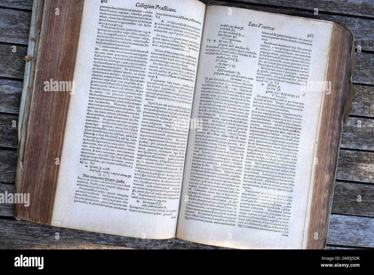 Altes Medizinbuch aus dem 17. Jahrhundert mit lateinischem Text Stockfoto