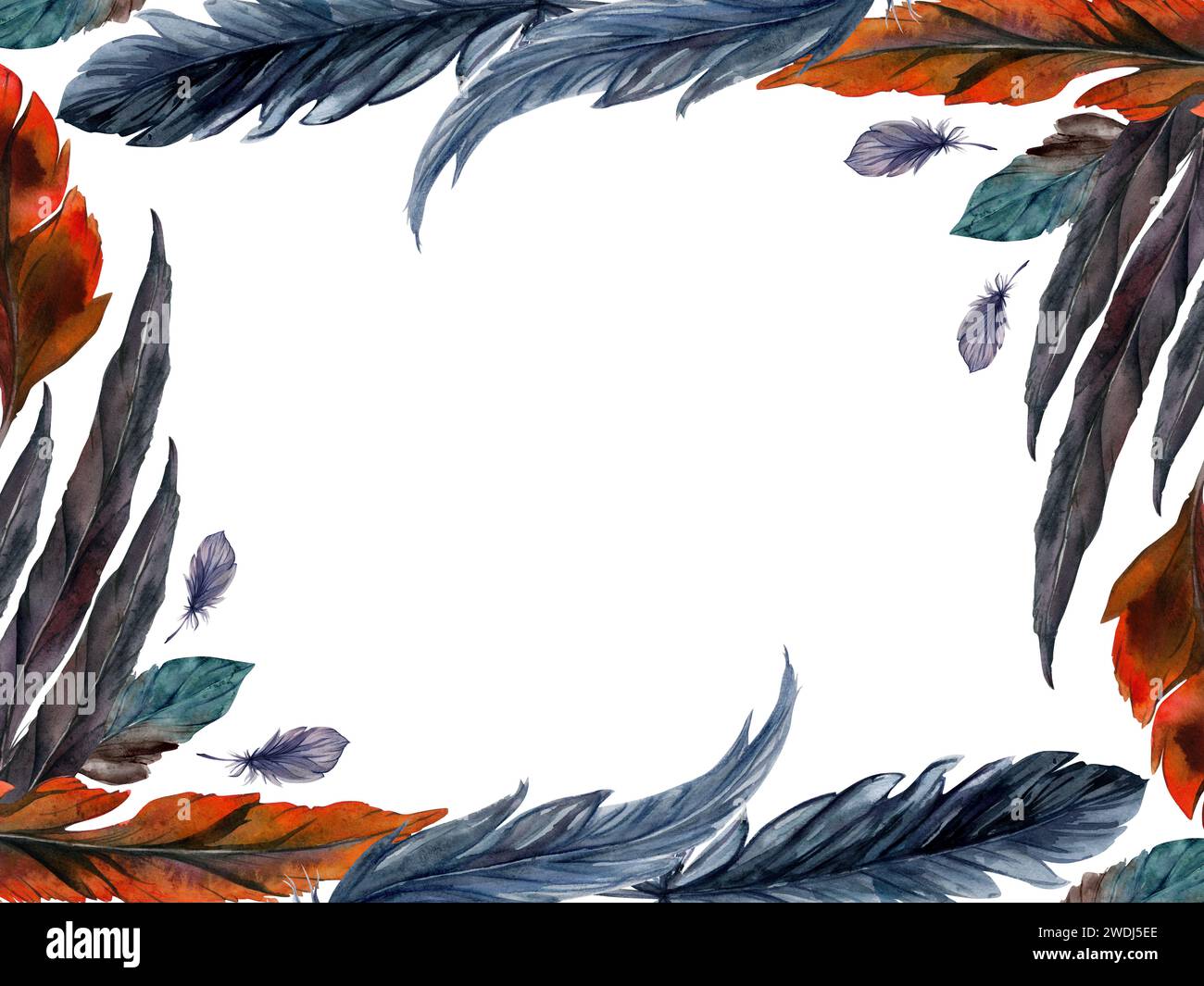 Hand gezeichnet Aquarell Vogelfeder Feder Feder Feder Boho Stamm ethnische indianer blau rot. Horizontaler Rahmen isoliert weißer Hintergrund. Design-Charme, Amulett Stockfoto