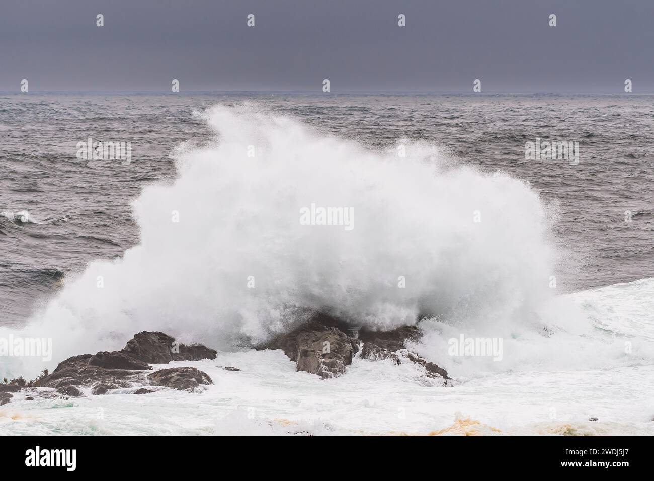 Wellen brechen am Amphitrite Point, Ucluelet, Vancouver Island, British Columbia, Kanada Stockfoto