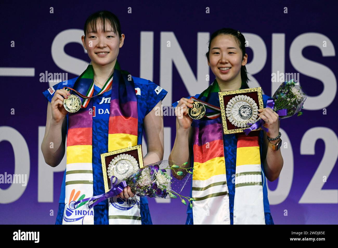 Japan's Wakana Nagahara, right, and teammate Mayu Matsumoto, pose for a