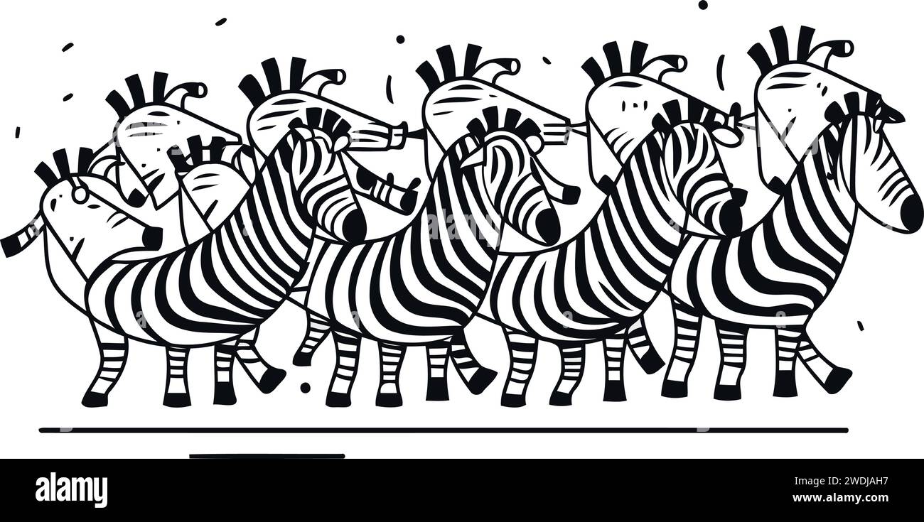 Vektorillustration einer Gruppe von Zebras in Schwarz-weiß Stock Vektor