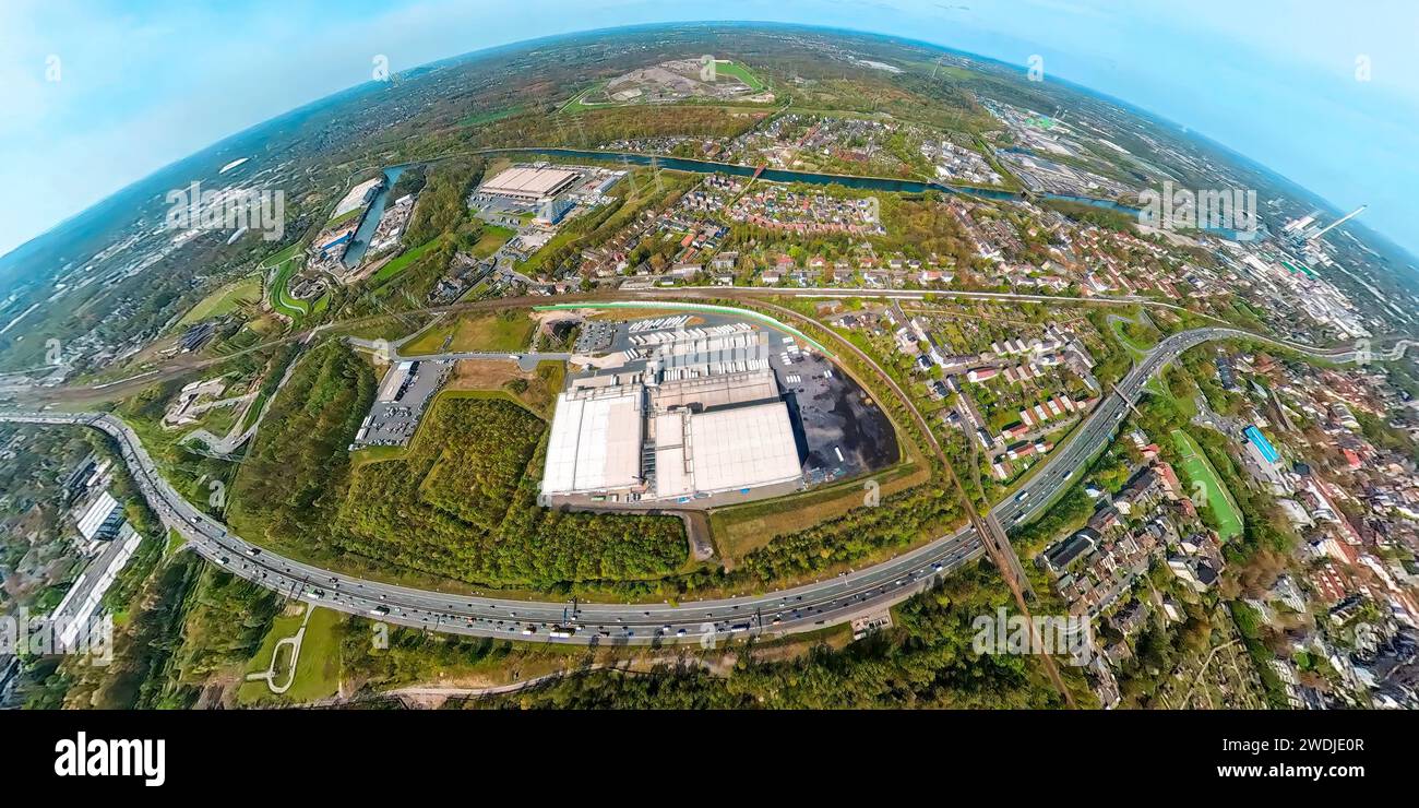 Luftbild, Nordfrost GmbH, auf der Autobahn A42, Globus, Fischaugenbild, 360-Grad-Bild, Unser Fritz, Herne, Ruhrgebiet, Nordrhein-Westfalen, Germa Stockfoto