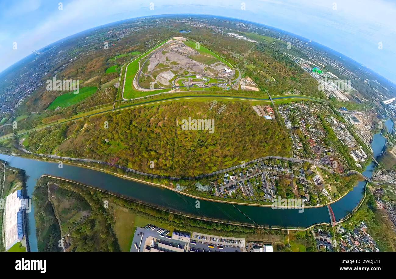 Luftaufnahme, zentrale Deponie Emscherbruch, Fluss Emscher, Rhein-Herne-Kanal, Resser Wäldchen, Erdkugel, Fischaugenbild, 360-Grad-Bild, Resser Ma Stockfoto