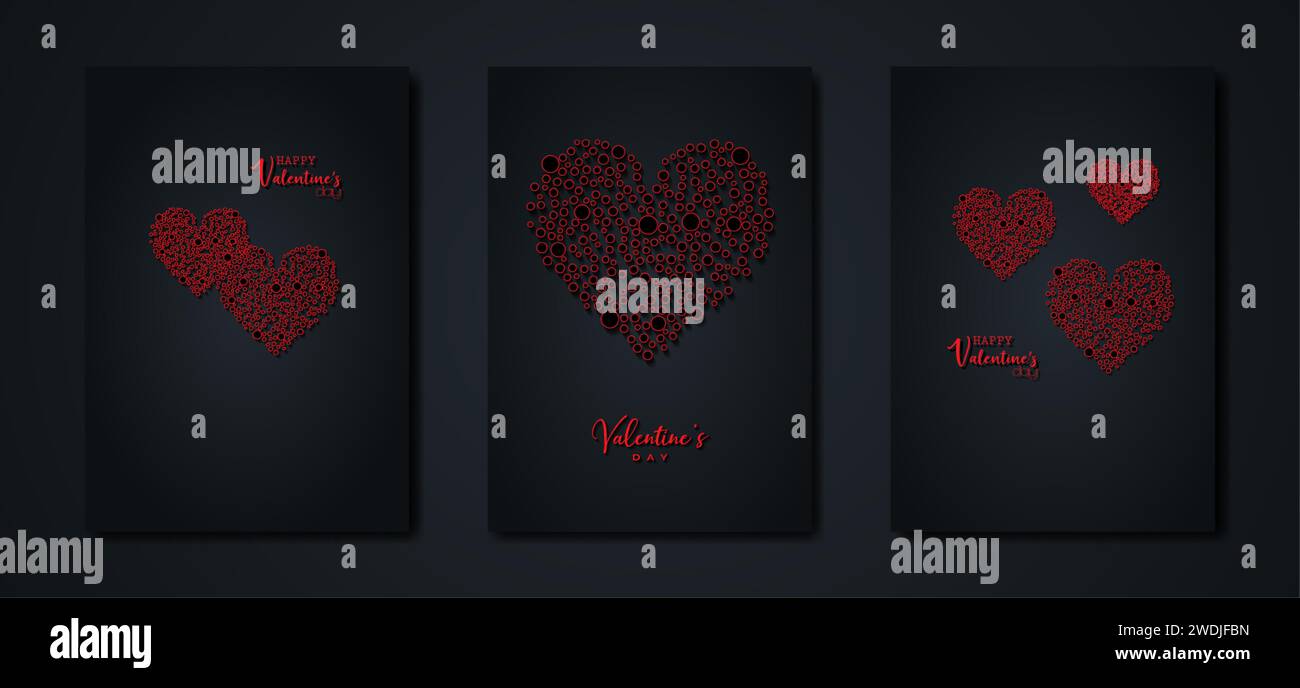 Happy Valentinstag Vektor Set Grußkarte. Rote Punkte Herzen auf schwarzem Hintergrund. Weihnachtsplakat mit rotem Text, Juwelen. Concept Valentines Banner Stock Vektor