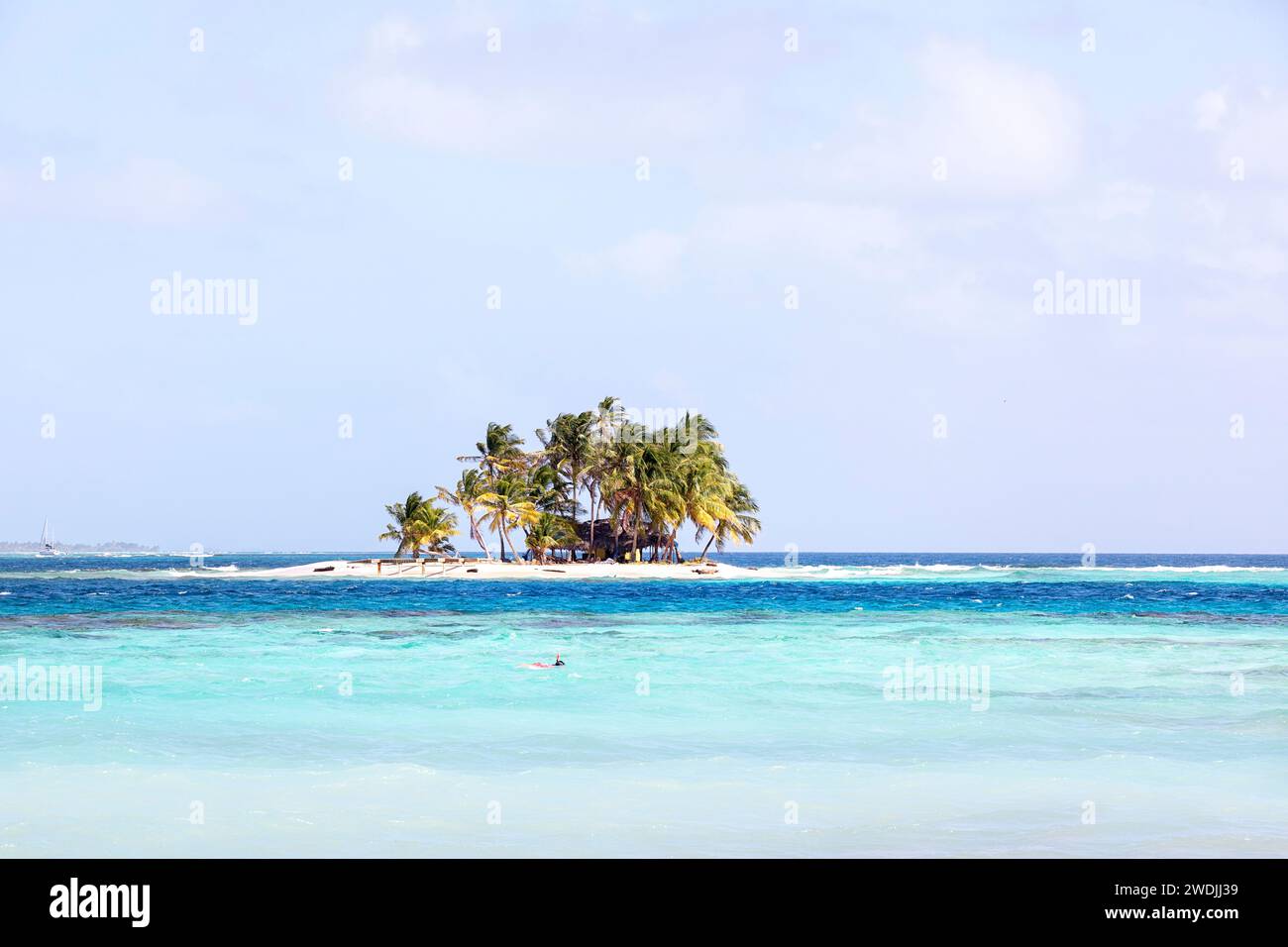 Verschwindende, malerische tropische Insel mit Palmen, umgeben von türkisfarbenem Flachwasser des San blas Archipels, Karibik, Panama Stockfoto