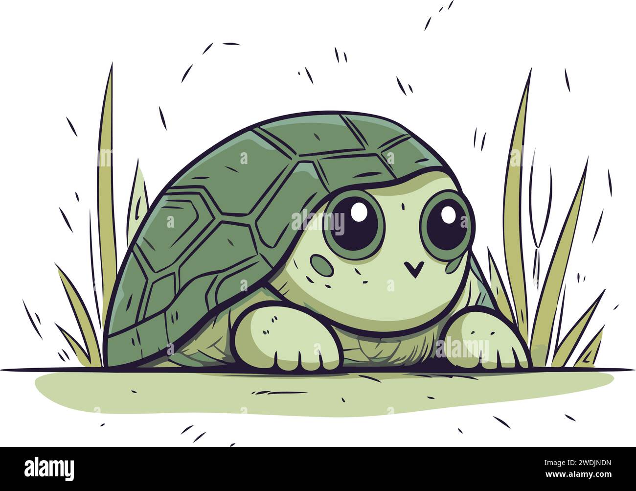 Süße kleine Schildkröte im Gras. Vektorillustration auf weißem Hintergrund. Stock Vektor