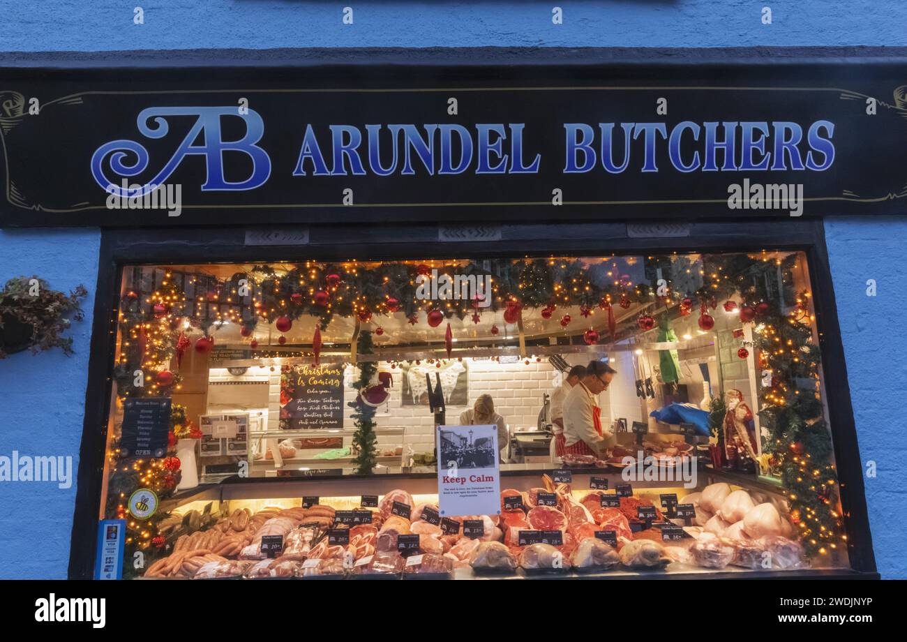 England, Sussex, West Sussex, Arundel, Traditional Metzgereien Shop Schaufenster Display Stockfoto