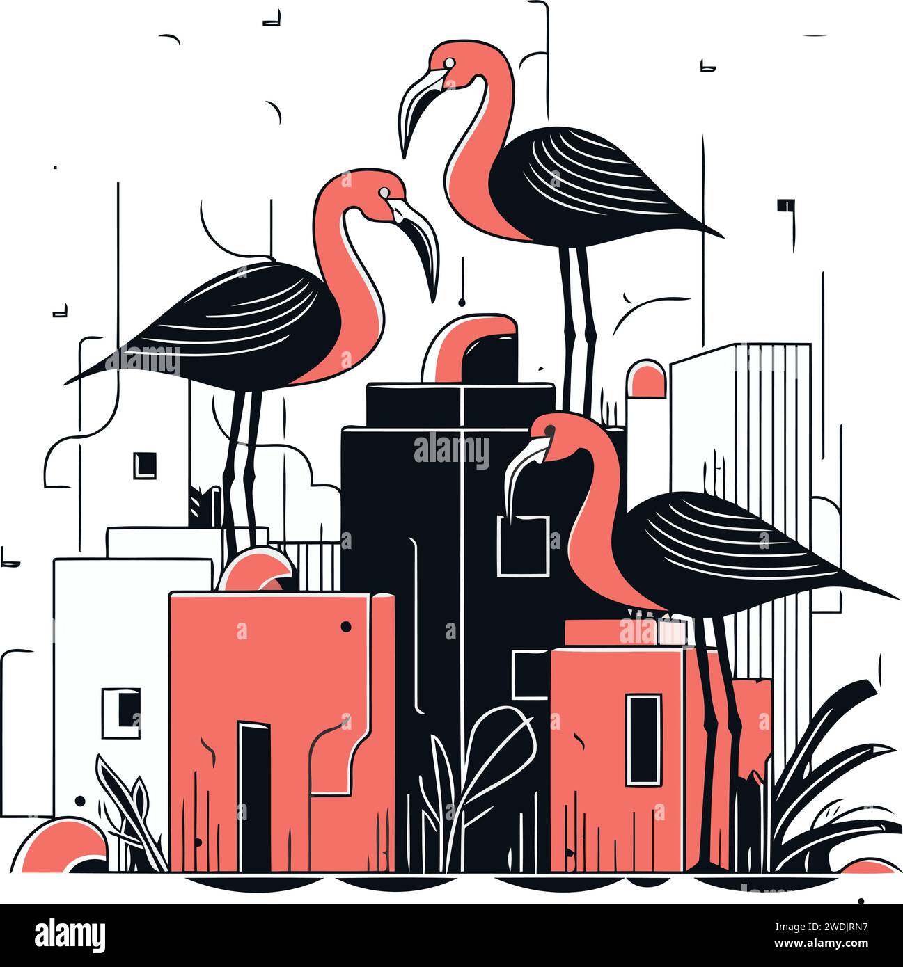 Vektor-Illustration eines Flamingos in der Stadt. Der Begriff des urbanen Lebens. Stock Vektor