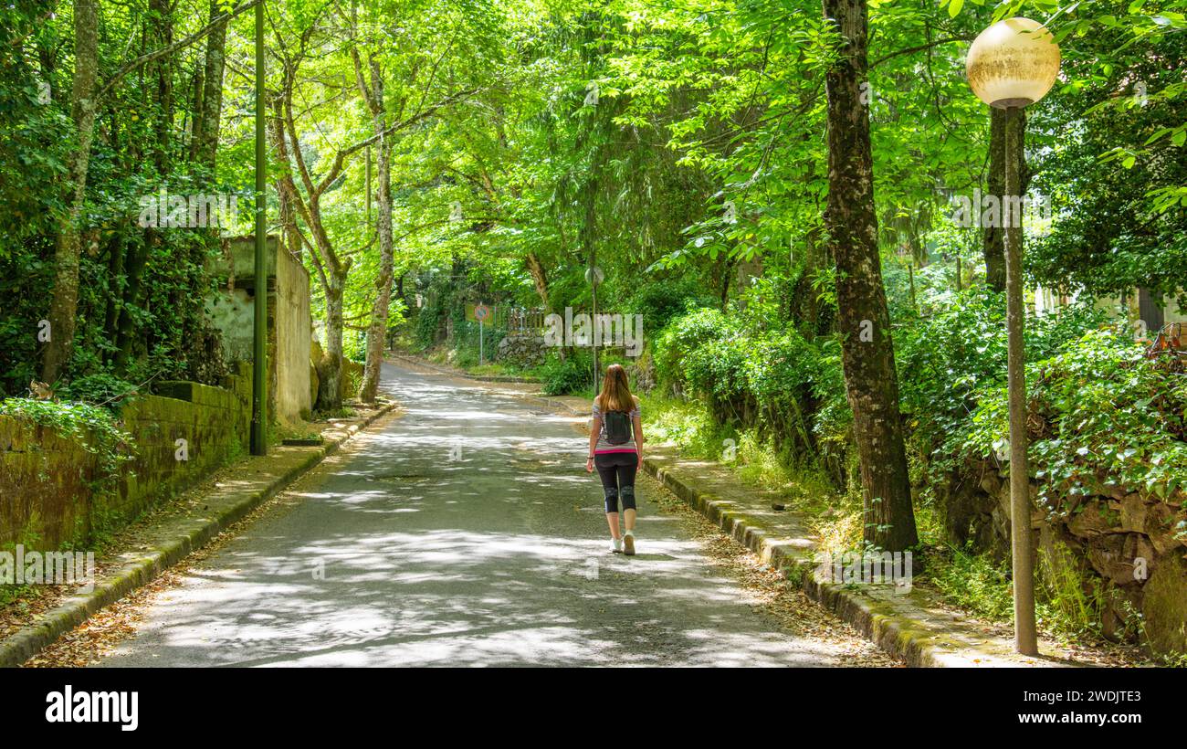 Mädchen, das im Wald von San Leonardo unter hohen grünen Bäumen läuft. Sardinien, Italien Stockfoto