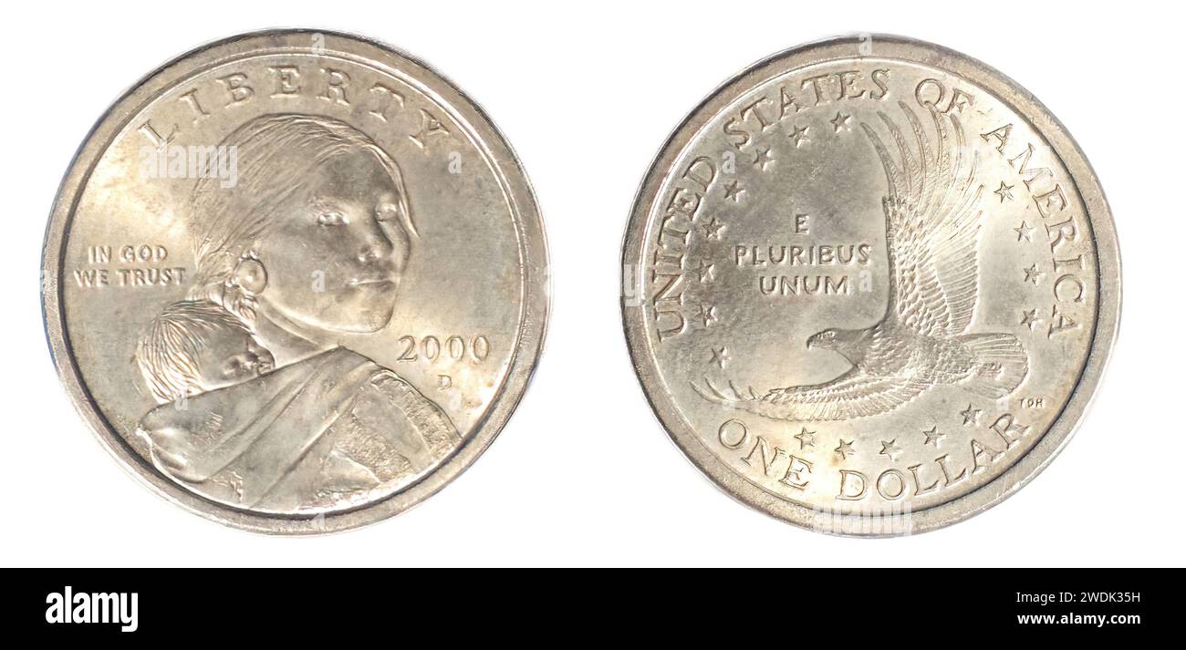 Seltene Goldfarbe 2000 D Sacagawea Dollar Münze aus Denver Mint. Vorder- und Rückseite isoliert auf weißem Hintergrund. Sie war eine Lemhi Shoshone Frau, die Stockfoto