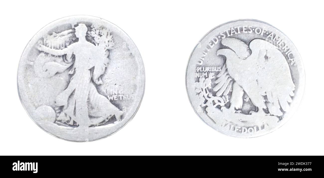 Old Vintage Trased Walking Liberty Half Dollar ist eine silberne 50-Cent-Münze, die von der US-amerikanischen S Mint von 1916 bis 19 ausgegeben wurde Stockfoto
