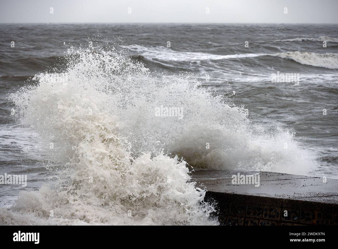 Brighton, Stadt Brighton & Hove, East Sussex, Großbritannien. Seehuchsen, die von Sturm Isha bei Flut zu Beginn des Sturms Isha geschlagen wurden, der die Südküste bei Brighton & Hove trifft. Januar 2024. David Smith/Alamy Live News Stockfoto