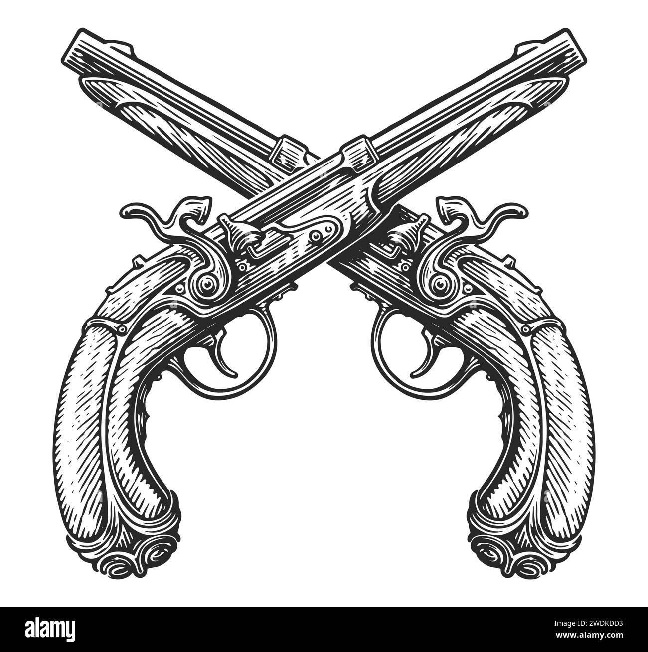 Gekreuzte Feuersteinpistolen, Skizze. Zwei Gewehre, Schusswaffen. Handgezeichnete Vintage-Vektor-Illustration Stock Vektor