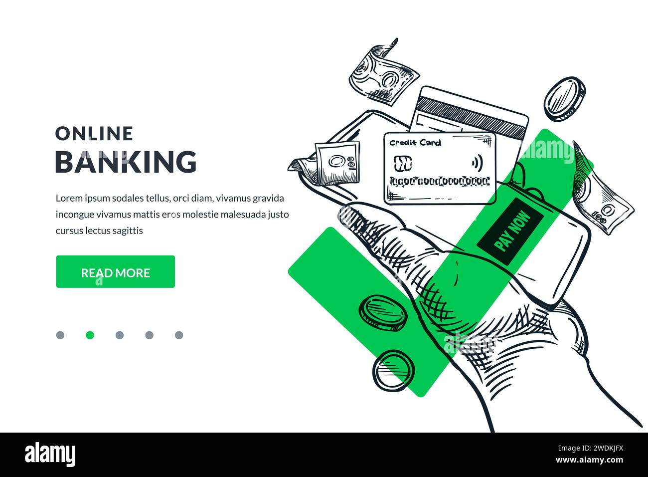 Online-Banking-Zahlung und Geldtransfer. Handgezeichnete Vektorskizze Illustration von Mobiltelefon und Kreditkarte auf grünem Häkchen Hintergrund. Mobil Stock Vektor