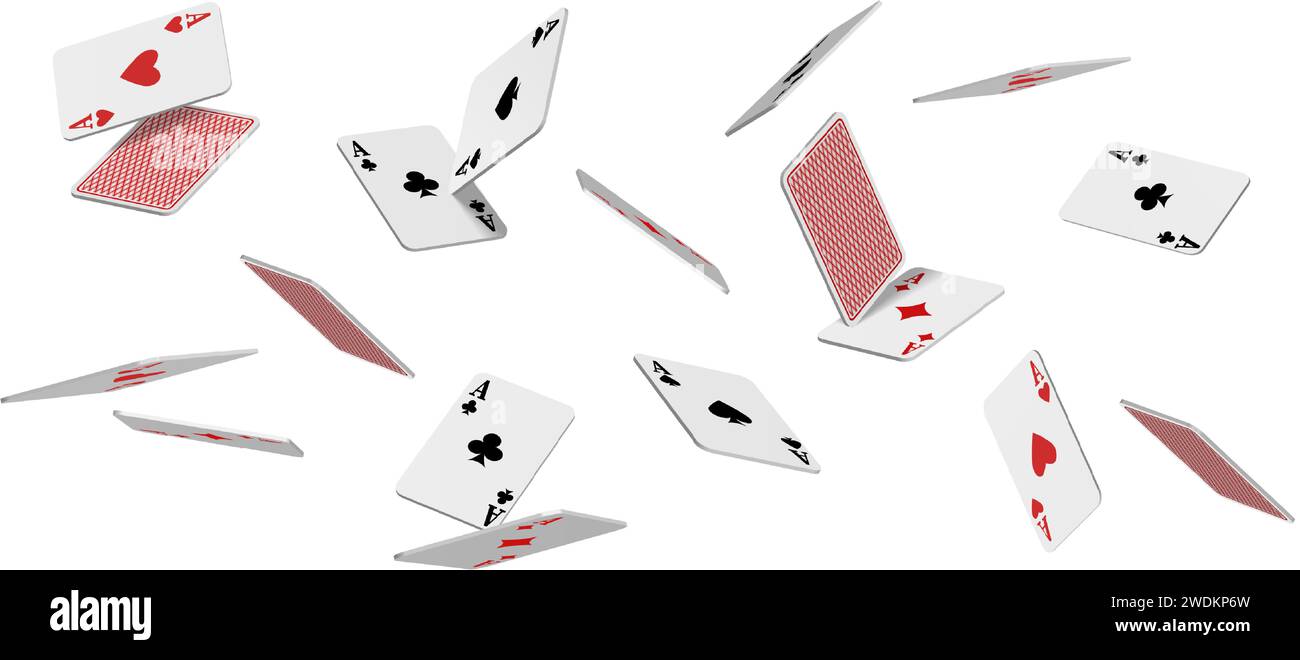 Symbol für realistischen Vektor. Fliegende Spielkarten von Assen von Diamanten, Schlägern Pik und Herzen auf weißem Hintergrund, fallen auf den Tisch. Stock Vektor