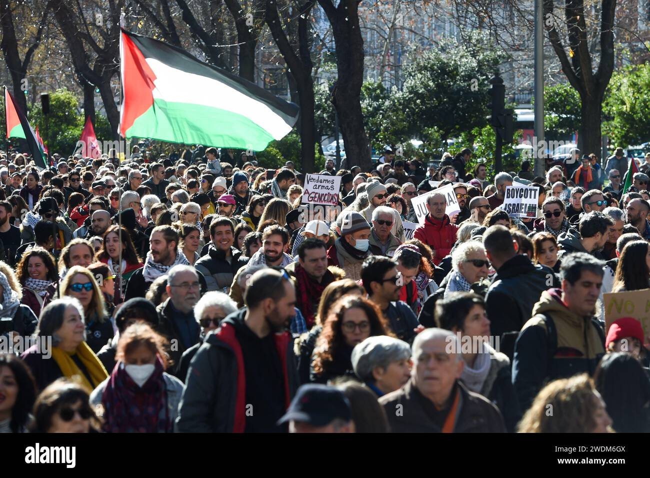 Madrid, Spanien. Januar 2024. Eine palästinensische Flagge, die während einer pro-palästinensischen Demonstration zwischen der Menge gesehen wurde. Hunderte von Demonstranten, die palästinensische Fahnen und Banner gegen Israel tragen, versammelten sich am Bahnhof Atocha und begeben sich anschließend zum Cibeles-Platz in Madrid, Spanien, um für einen Waffenstillstand in Gaza zu rufen. (Credit Image: © Gustavo Valiente/SOPA Images via ZUMA Press Wire) NUR REDAKTIONELLE VERWENDUNG! Nicht für kommerzielle ZWECKE! Stockfoto