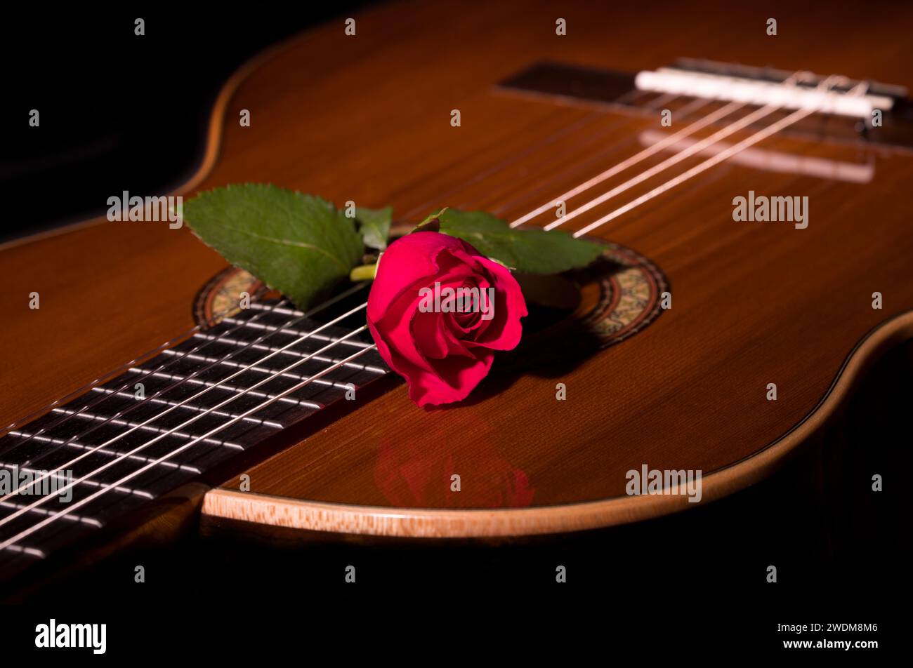 Rote Rose auf klassischer Gitarre Stockfoto