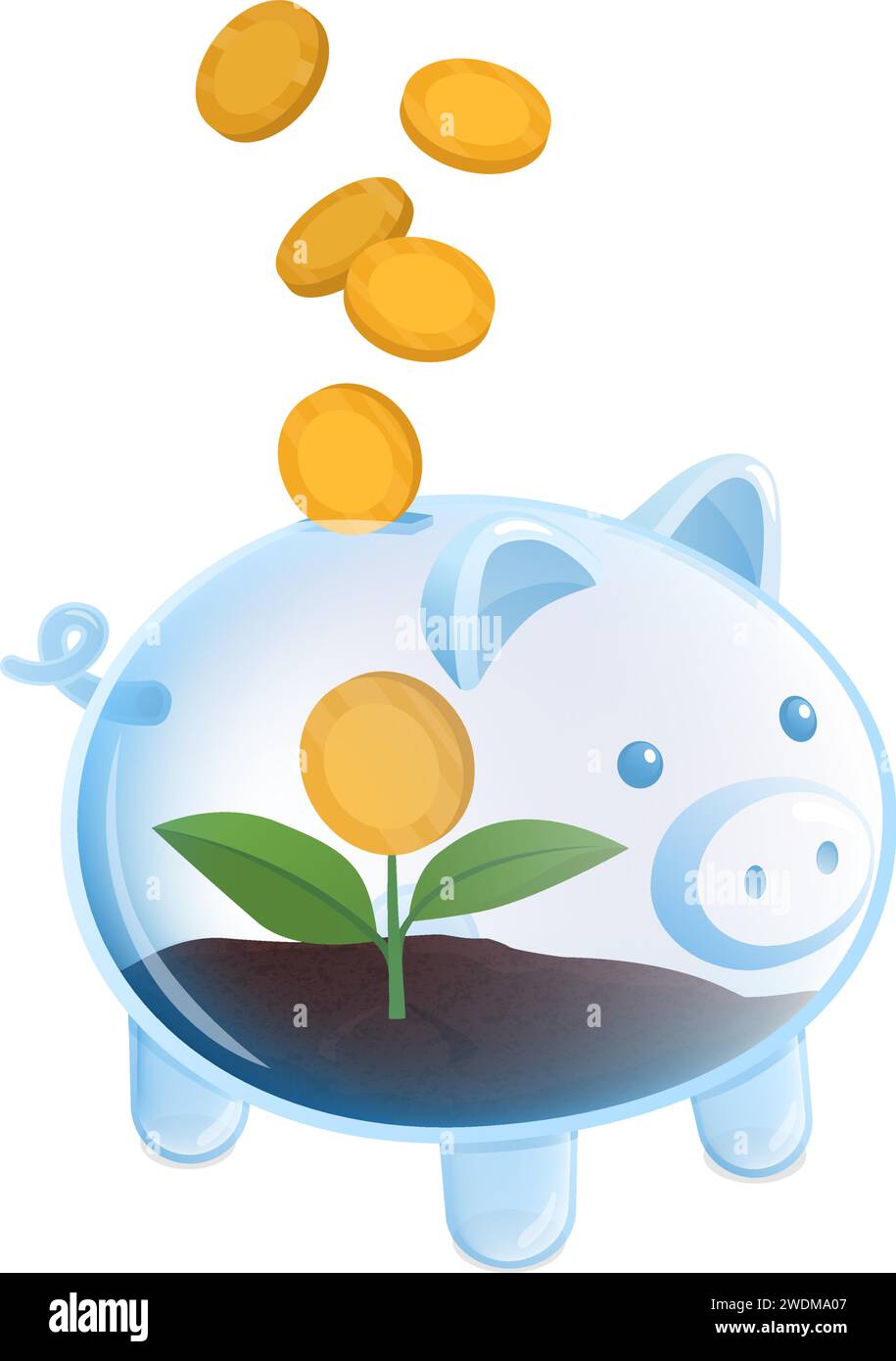Spross mit Münze in einer Glasschweinbank: Sparen und Return on Investment Konzept Stock Vektor