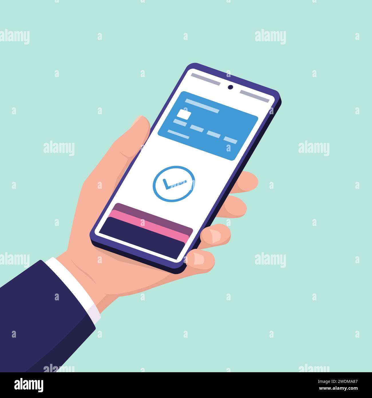 Benutzer, der mit seinem digitalen Geldbeutel auf dem Smartphone bezahlt Stock Vektor