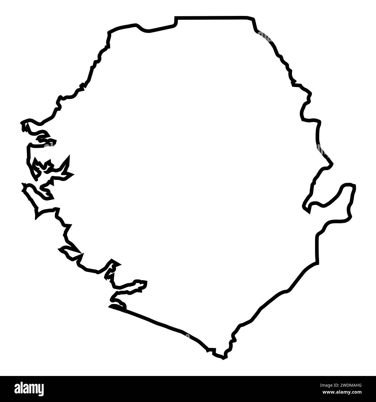 Schwarze Umrisskarte des afrikanischen Landes Sierra Leone auf weißem Hintergrund Stockfoto