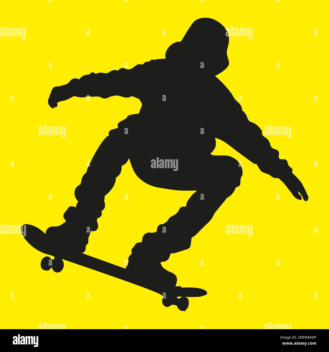 Schwarzes Skateboarderset mit Silhouette auf gelbem Hintergrund Stockfoto
