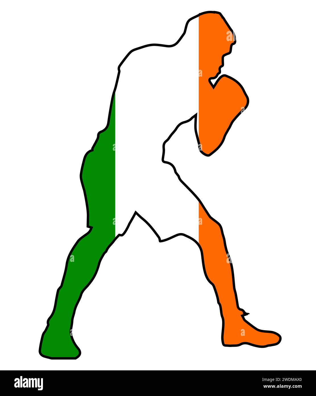 Silhouette eines schweren Boxers in Umriss über der Nationalflagge von Eire Stockfoto