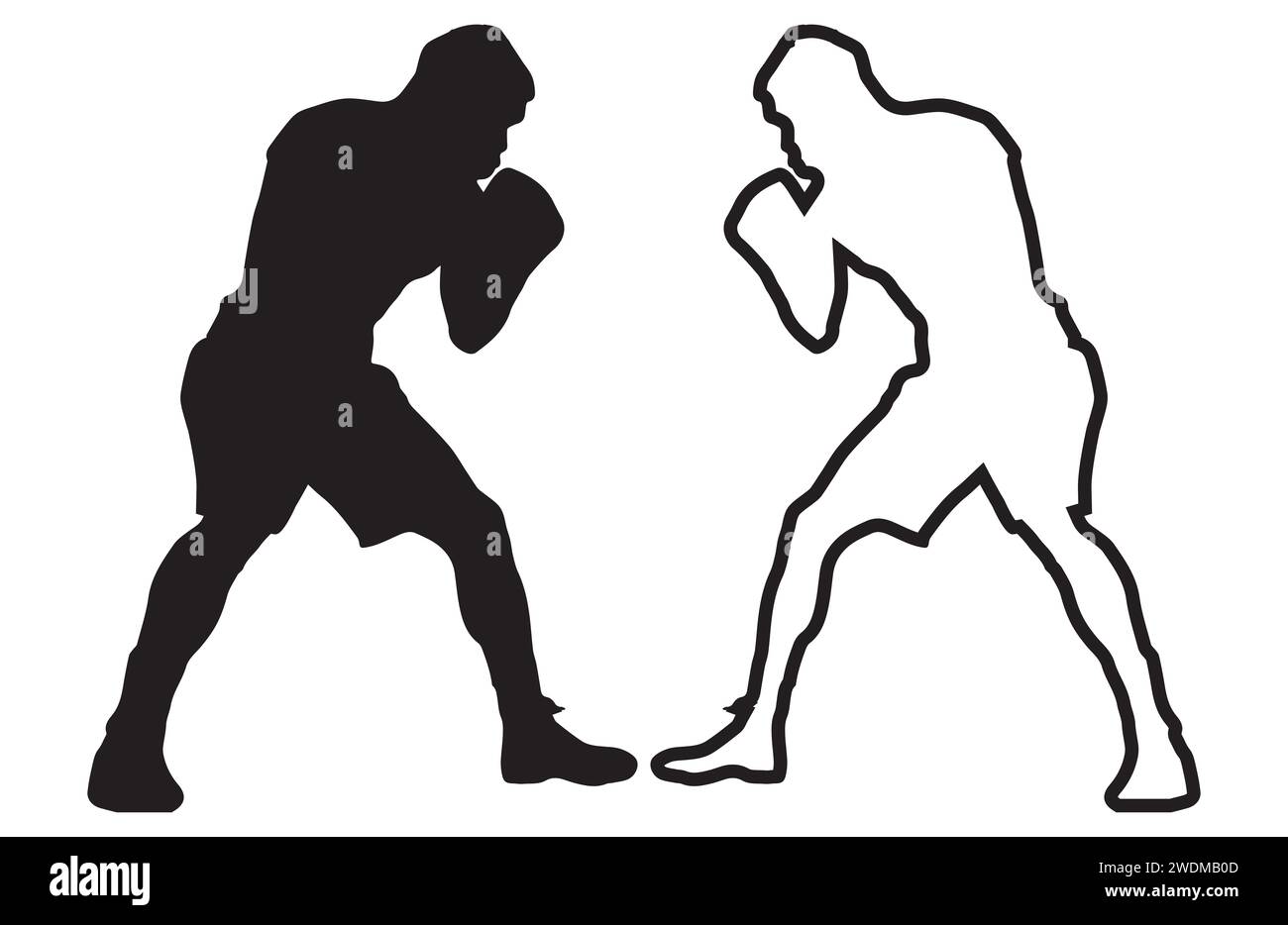 Silhouetten- und Umrisszeichnungen von schweren Boxern, die sich auf einem weißen Hintergrund gegenüberstehen Stockfoto