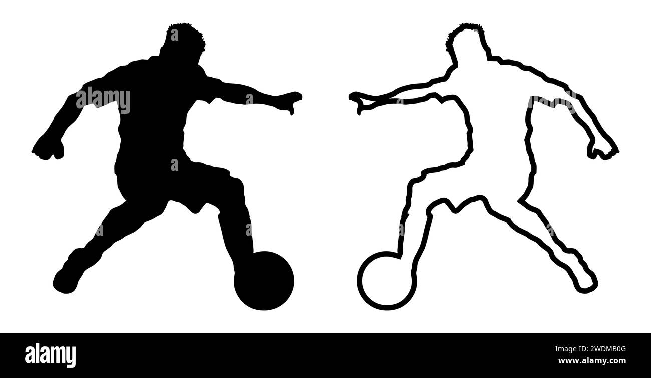 Silhouette und schwarze Umrisse eines Fußballers mit dem Ball auf einem weißen Vackground Stockfoto