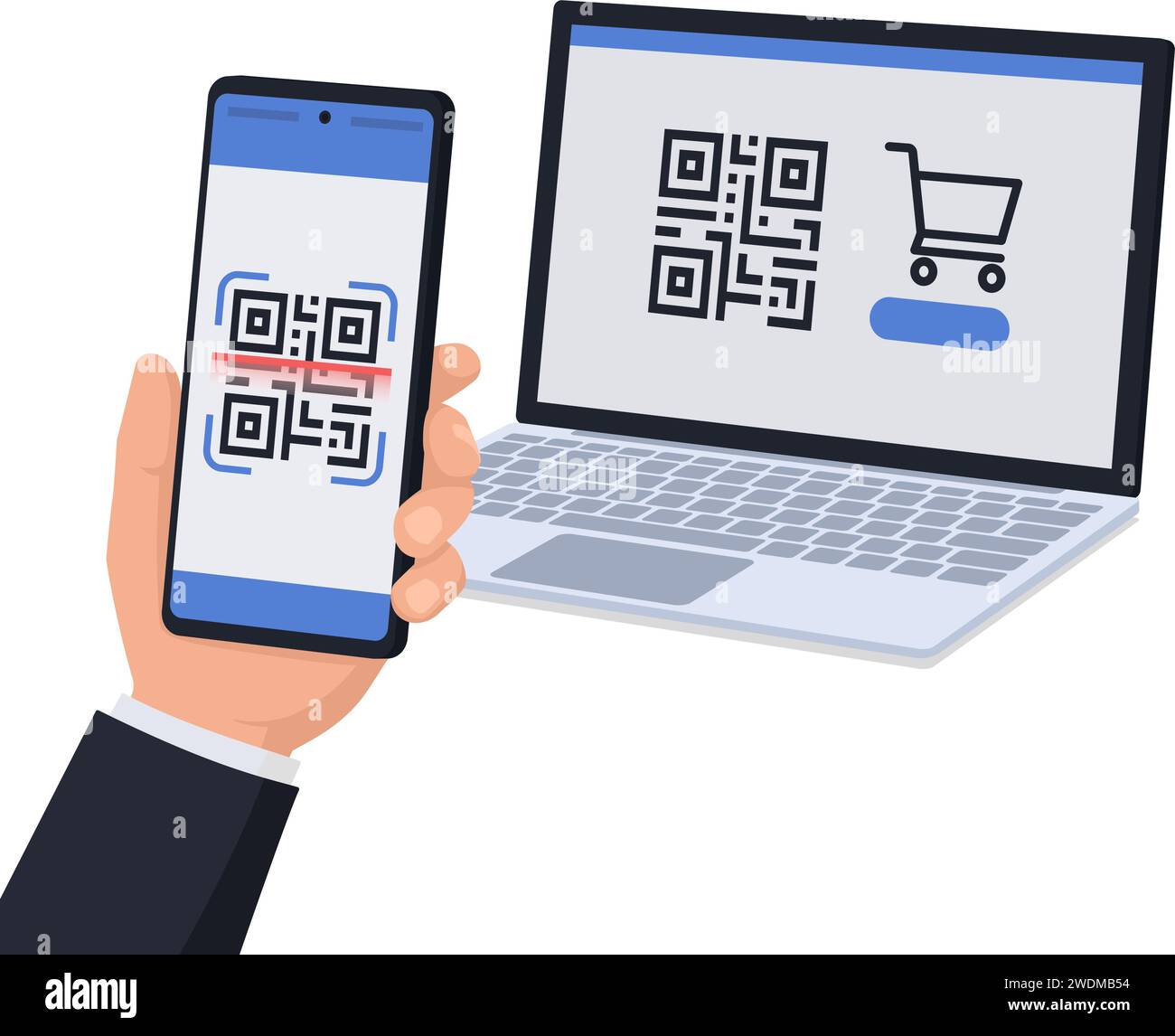 Benutzer, der ein Smartphone hält und einen Code scannt: Online-Shopping und QR-Code-Zahlungen Stock Vektor