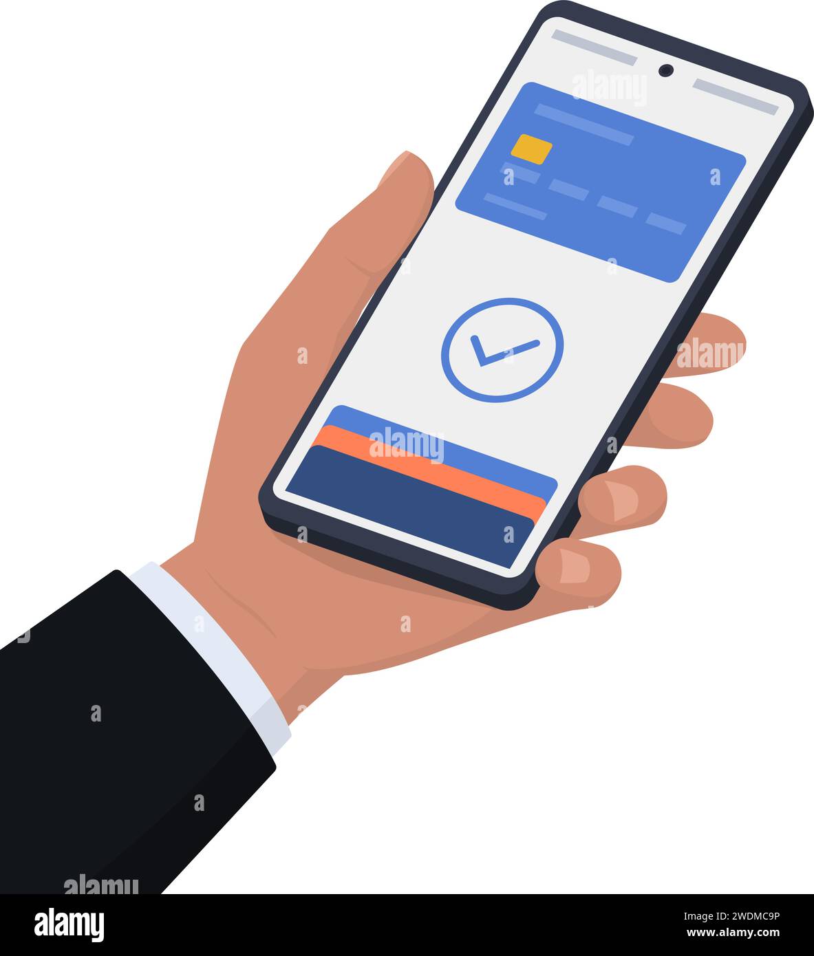 Benutzer, der mit seinem digitalen Geldbeutel auf dem Smartphone bezahlt Stock Vektor