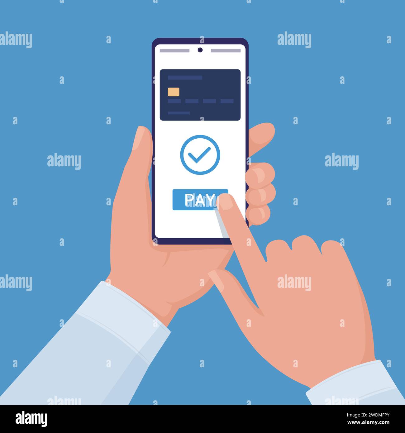 Benutzer, der mit seinem digitalen Geldbeutel auf dem Smartphone bezahlt Stock Vektor