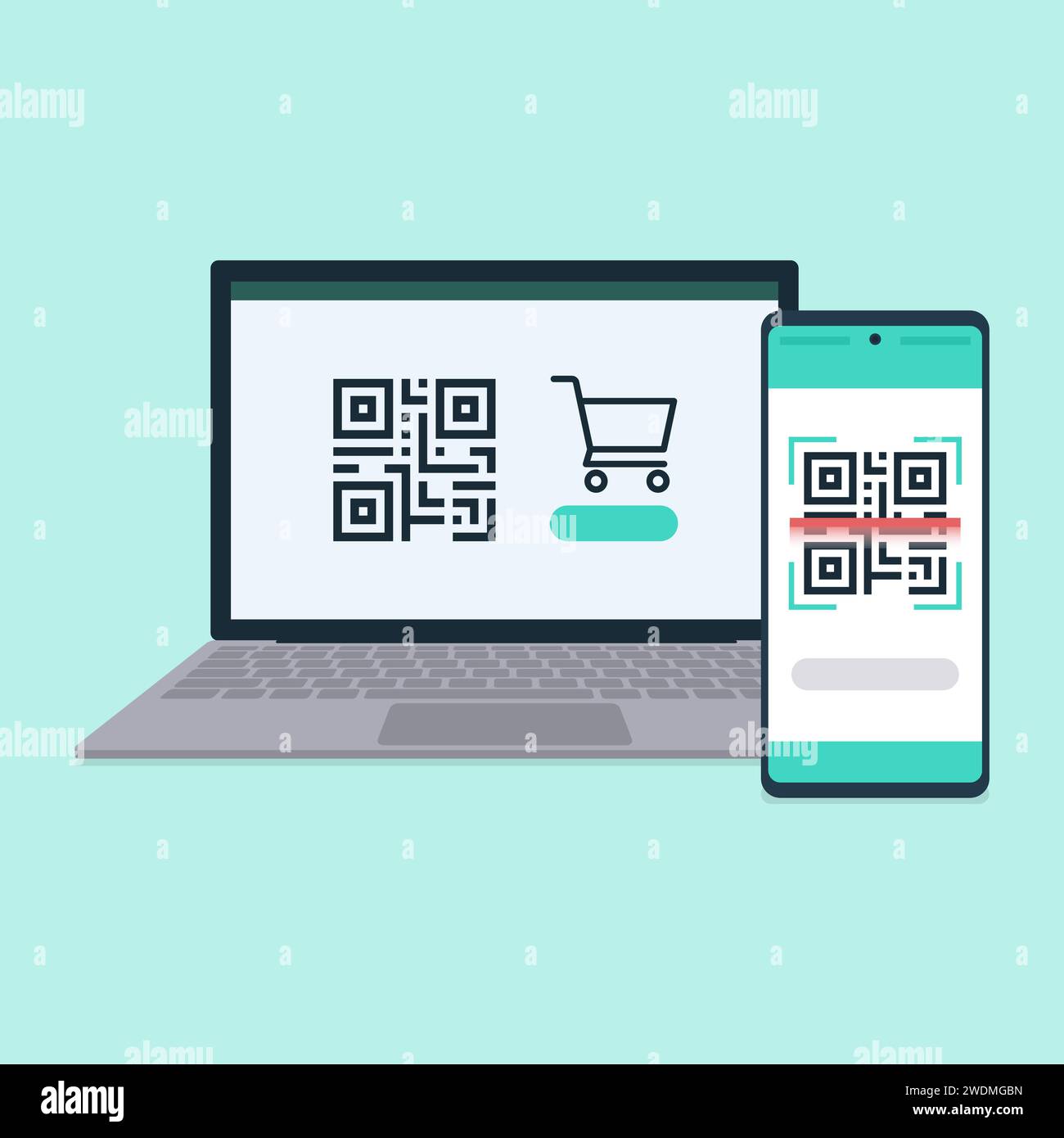 QR-Code-Zahlung und Online-Shopping auf Laptop und Handy Stock Vektor