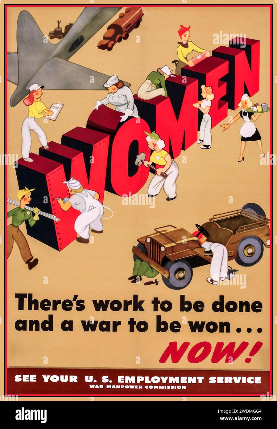 WW2 Recruitment Poster 1940 für Frauen, die sich freiwillig für eine Vielzahl von wichtigen Heimberufen einsetzen, um den amerikanischen Kriegsanstrengungen „WOMEN“ (GRANT, VERNON) 1944 zu helfen Stockfoto