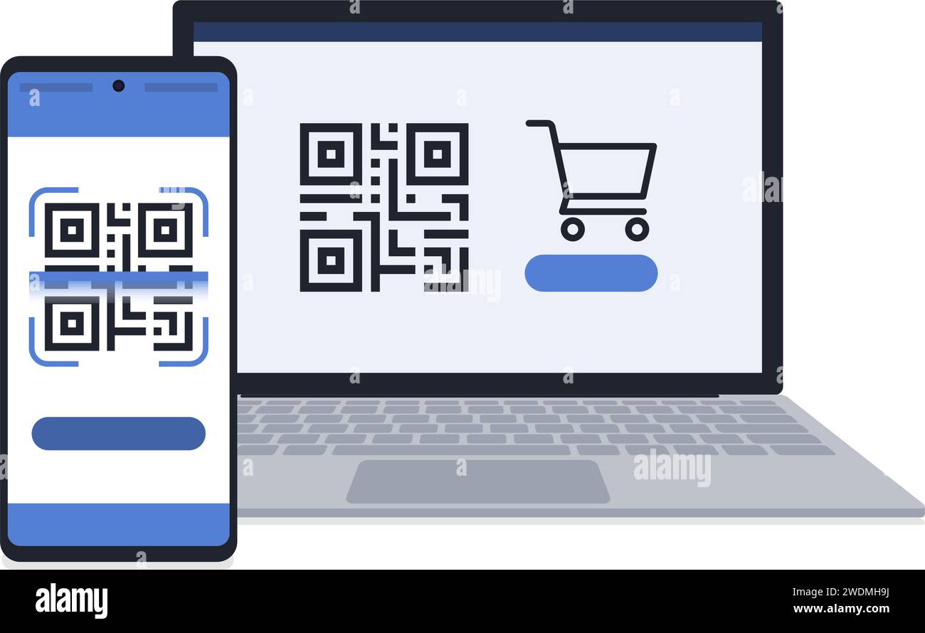 QR-Code-Zahlung und Online-Shopping auf Laptop und Handy Stock Vektor