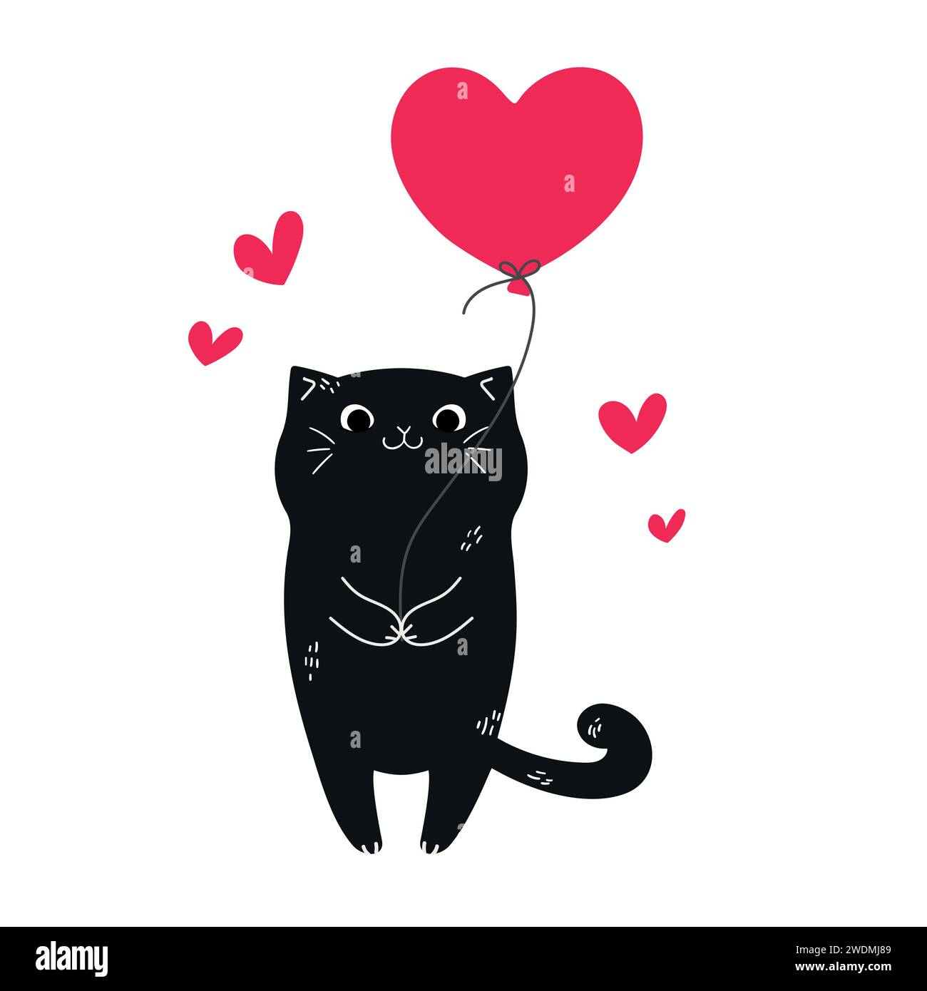 Niedliche handgezeichnete schwarze Katze mit einem Herzballon. Grußkarte zum Valentinstag. Vektorabbildung Stock Vektor