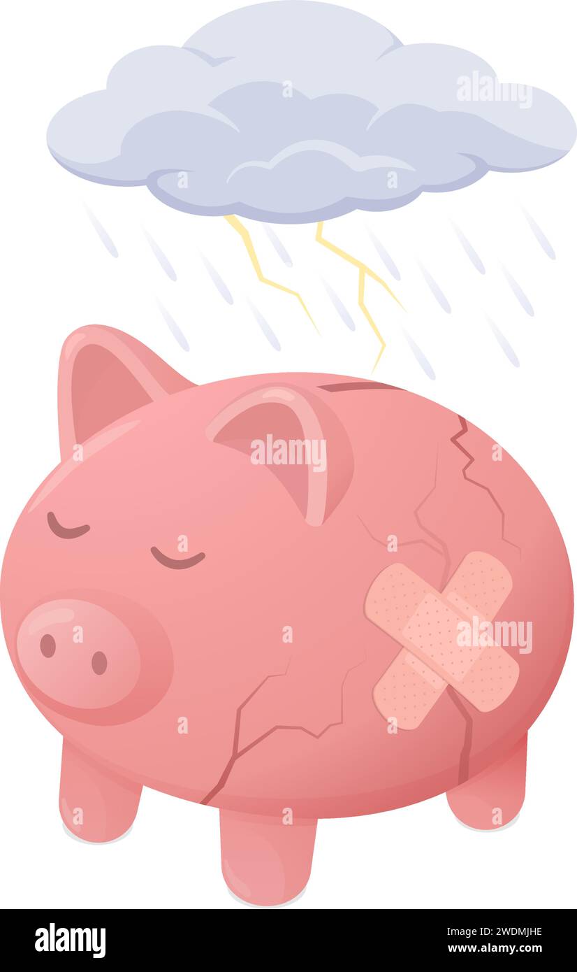 Zerbrochene traurige Schweinebank unter dem Regen: Finanzielles Scheitern- und Verlustkonzept Stock Vektor