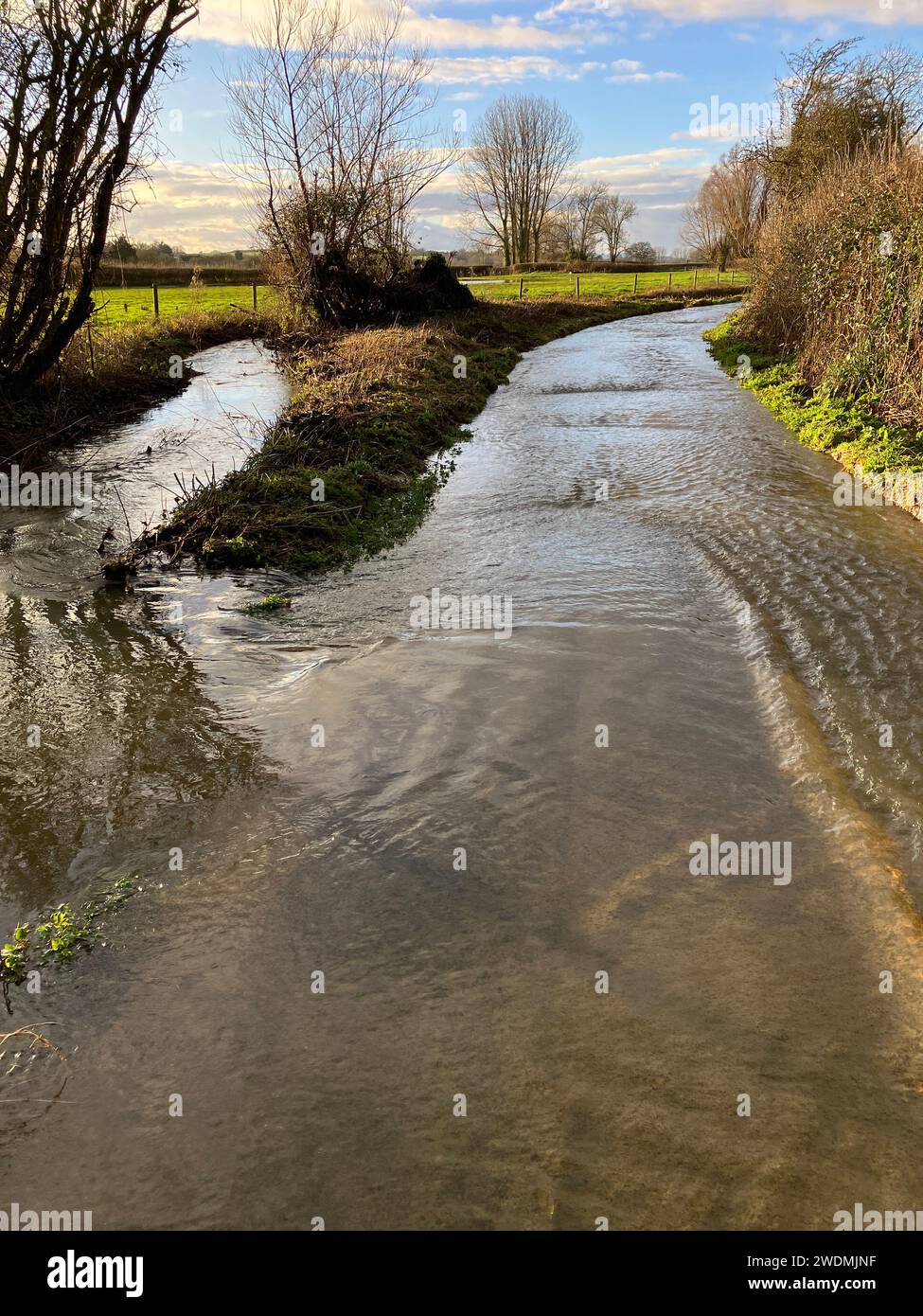 Der Fluss, der seine Ufer geplatzt hat, überschwemmt eine ländliche Straße nach Storm Henk, Somerset, England Stockfoto