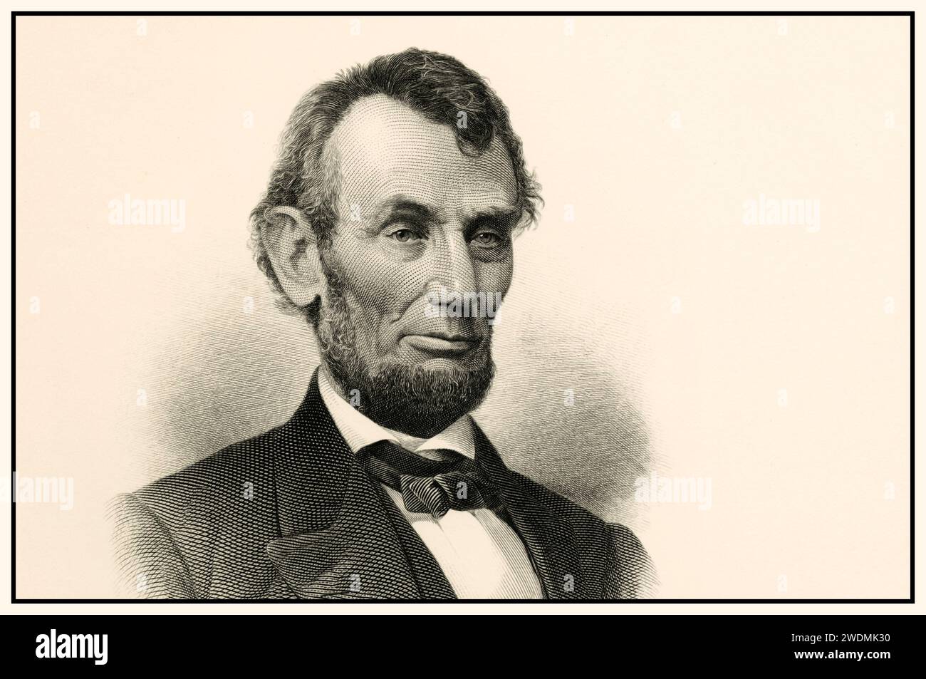 Abraham Lincoln Vintage Etch B&W Portrait 12. Februar 1809 – 15. April 1865) war ein US-amerikanischer Anwalt, Politiker und Staatsmann, der von 1861 bis zu seinem Attentat 1865 als 16. Präsident der Vereinigten Staaten diente. Lincoln führte die Vereinigten Staaten durch den Amerikanischen Bürgerkrieg, verteidigte die Nation als konstitutionelle union, besiegte die aufständische Konföderation, schaffte die Sklaverei ab, erweiterte die Macht der Bundesregierung und modernisierte die US-Wirtschaft. Stockfoto