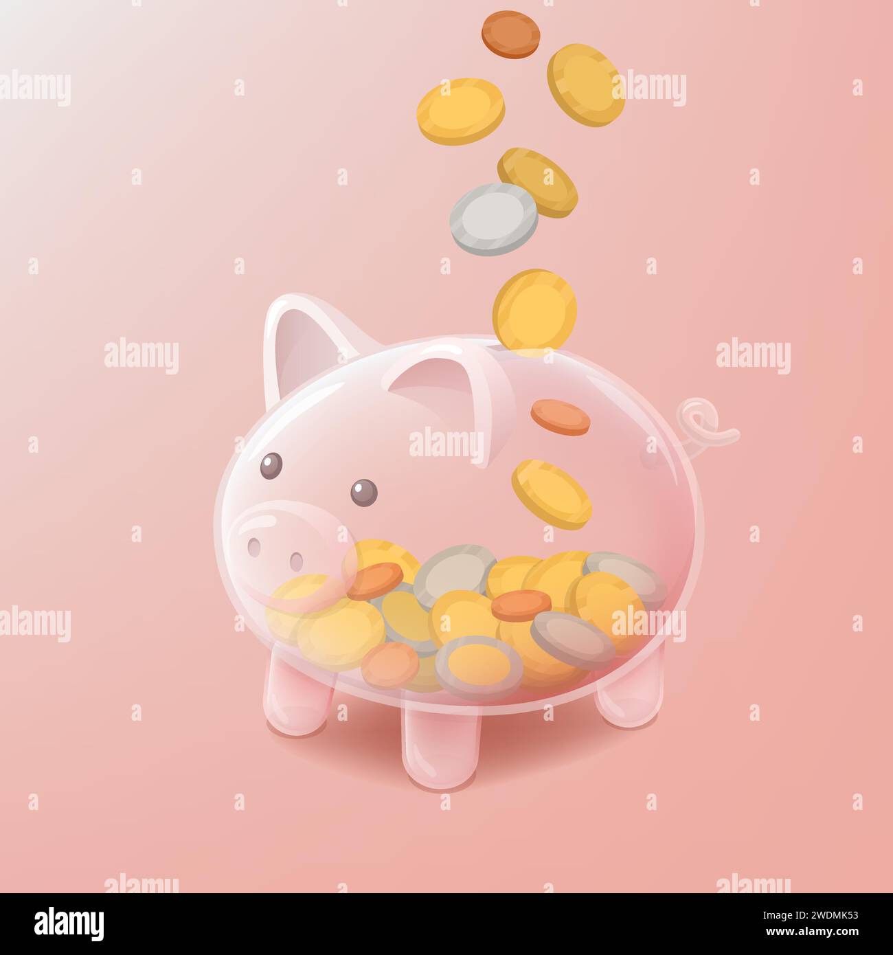 Münzen, die in eine transparente Glasbank fallen, Sparen und Investitionen Konzept Stock Vektor