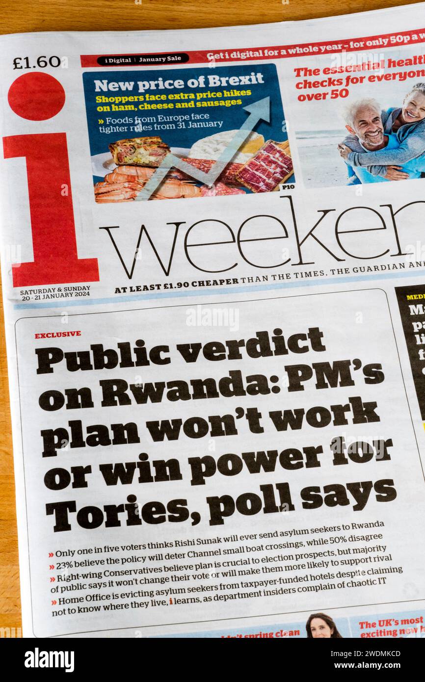 21. Januar 2024. Die Titelzeile in der Zeitung i liest ein öffentliches Urteil über Ruanda: Der Plan des Premierministers wird nicht funktionieren oder die Macht für die Tories gewinnen, heißt es in der Umfrage. Bezieht sich auf das Gesetz über die Sicherheit Ruandas (Asyl und Einwanderung) der Konservativen. Stockfoto