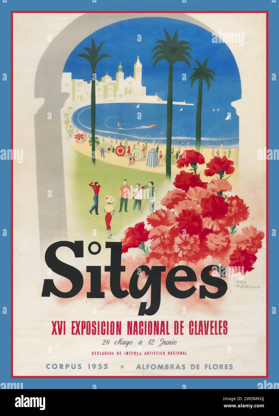 SITGES Vintage Spanish Travel Poster 1955 16. Nationale Ausstellung von Nelken Teppiche von Blumen Sitges Spanien 1950er Jahre von Rey Padilla Künstler Stockfoto