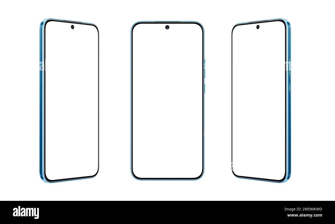 Blaues Smartphone, isoliert auf weiß, zeigt drei Positionen für App-Präsentationen. Bildschirm zur Anpassung löschen Stockfoto