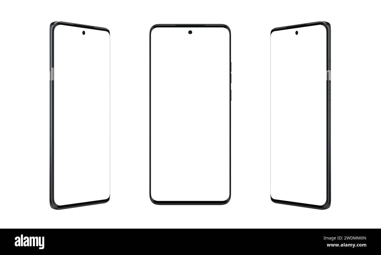 Modernes Smartphone mit dünnen, runden Kanten in drei Positionen, isoliert auf weiß. Vielseitiges Modell für ein elegantes Design Stockfoto